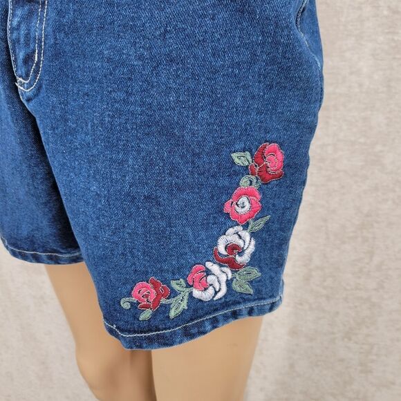 North Crest 90s Vintage Pink Floral Embroidered Denim Women's Blue Jean Shorts - Picture 4 of 15